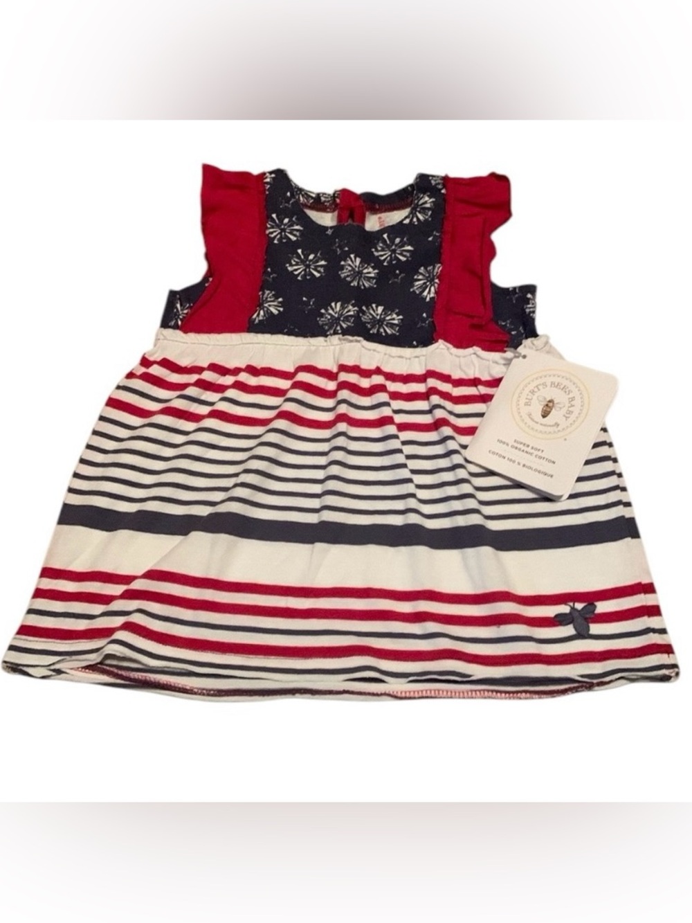 Burt’s Bees Striped Fireworks Dress 6-9 Months Organic Cotton Red White Blue